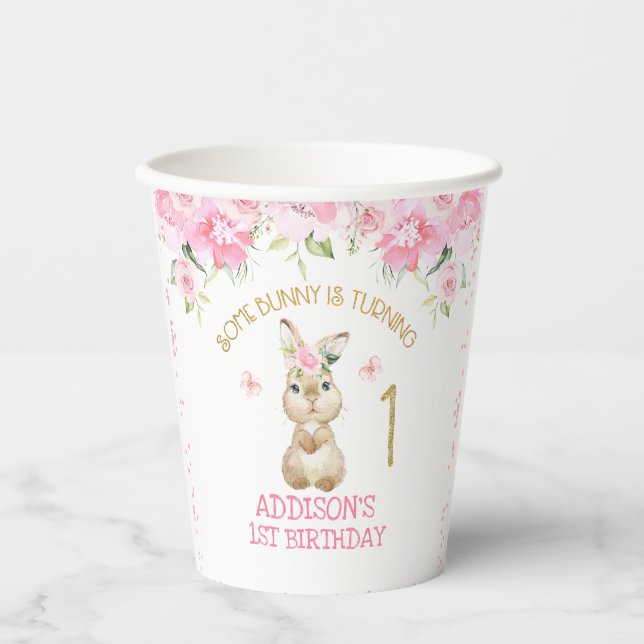 Pink Floral Furry Bunny First Birthday Paper Cups (Front)