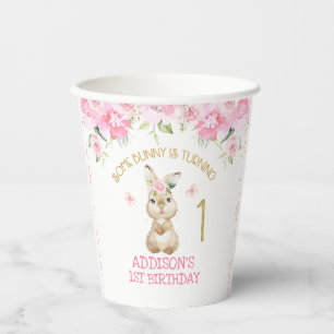 Pink Floral Furry Bunny First Birthday Paper Paper Cups