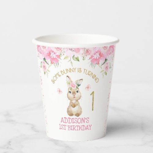 Pink Floral Furry Bunny First Birthday Paper Paper Cups