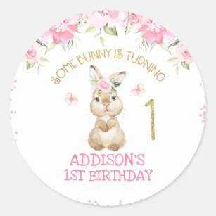 Pink Floral Furry Bunny Gold One First Birthday Classic Round Sticker