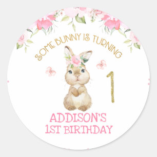 Pink Floral Furry Bunny Gold One First Birthday Classic Round Sticker