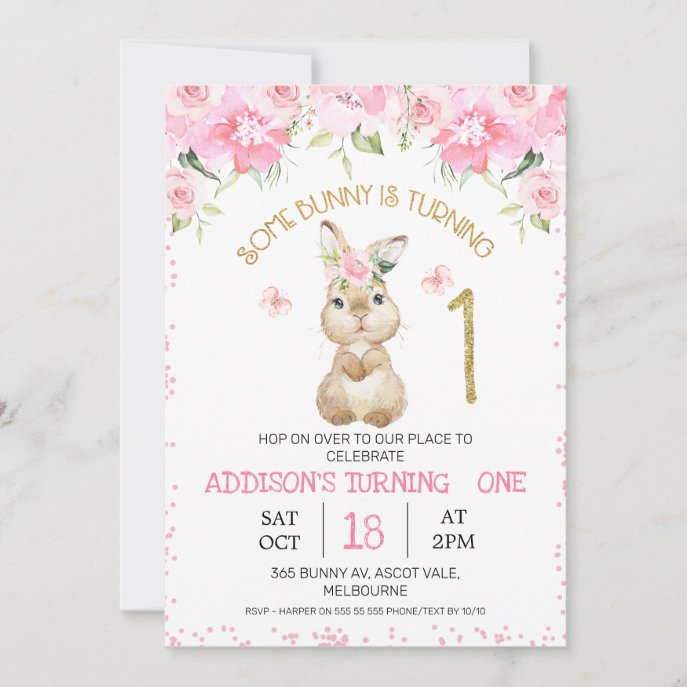 Pink Floral Furry Bunny Gold One First Birthday Invitation