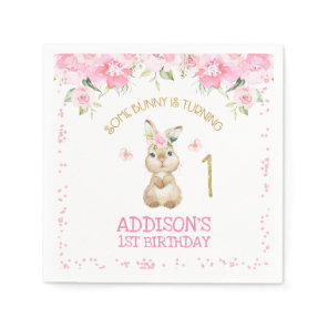 Pink Floral Furry Bunny Gold One First Birthday Napkins
