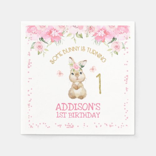 Pink Floral Furry Bunny Gold One First Birthday Napkins