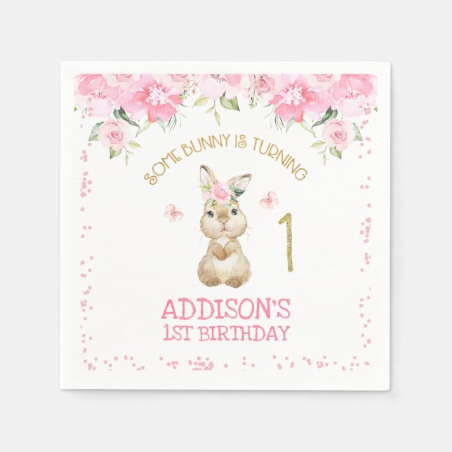 Pink Floral Furry Bunny Gold One First Birthday Napkins (Front)