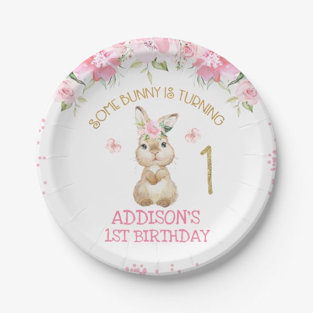 Pink Floral Furry Bunny Gold One First Birthday Paper Plates (Front)