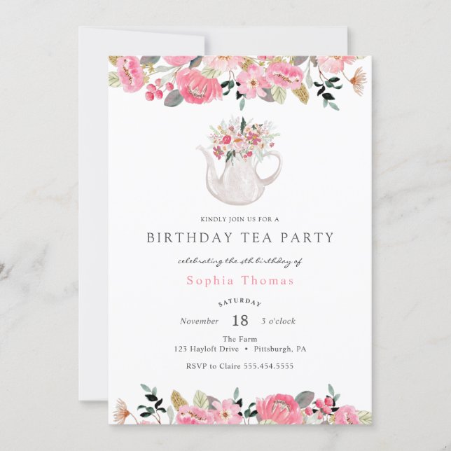 Pink Floral Garden Birthday Tea Party Invitation (Front)