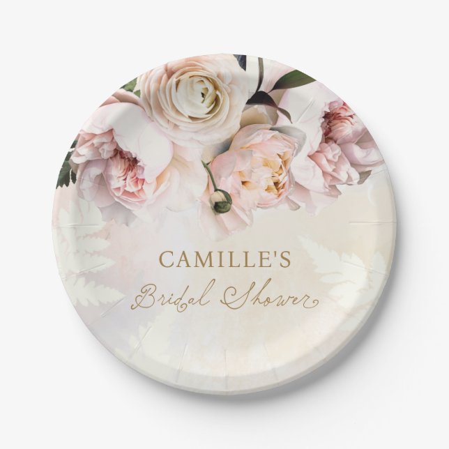 Pink Floral Garden Bridal Shower Paper Plates (Front)