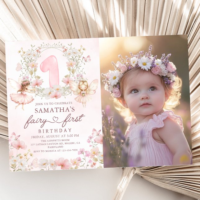 Pink Floral Garden Fairy First Birthday Photo Invitation (Creator Uploaded)