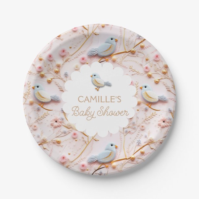 Pink Floral Garden Girl Baby Shower Paper Plates (Front)