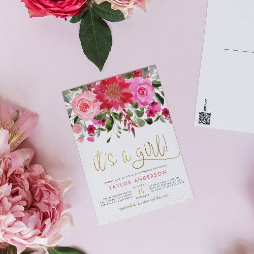 Pink Floral Garden Greenery Its A Girl Baby Shower Invitation Postcard