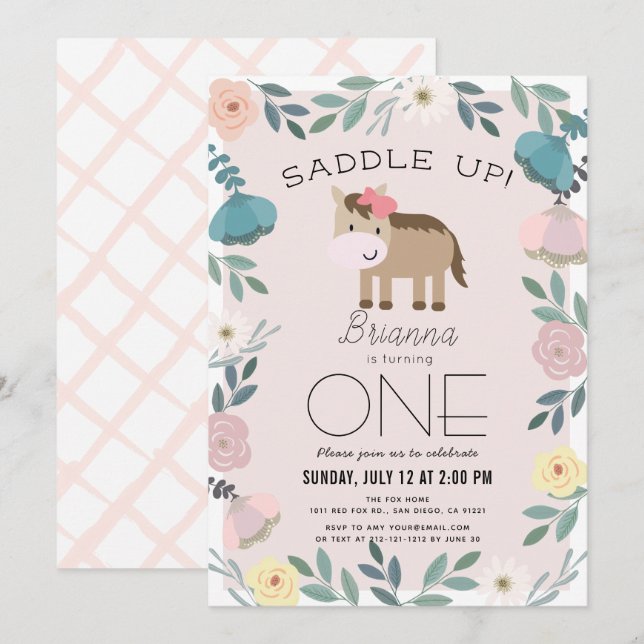 Pink Floral Garden Horse Girl 1st Birthday Invitation (Front/Back)