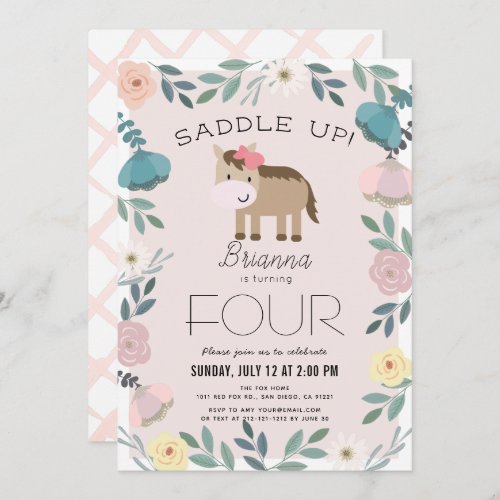 Pink Floral Garden Horse Girl Birthday Invitation