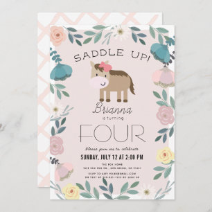 Pink Floral Garden Horse Girl Birthday Invitation