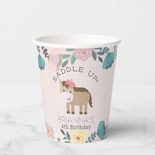 Pink Floral Garden Horse Girl Birthday Paper Cups