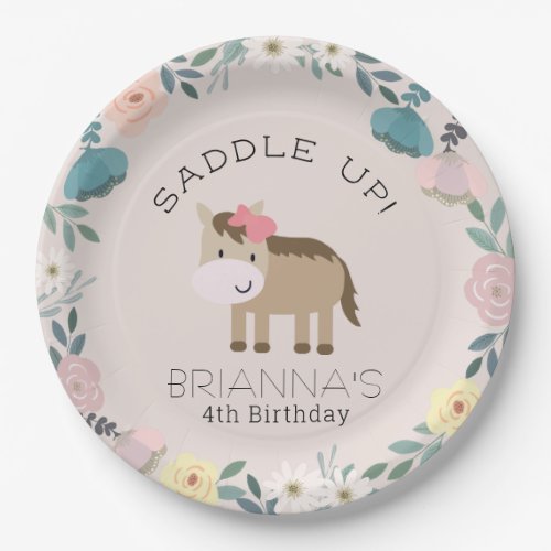 Pink Floral Garden Horse Girl Birthday Paper Plate