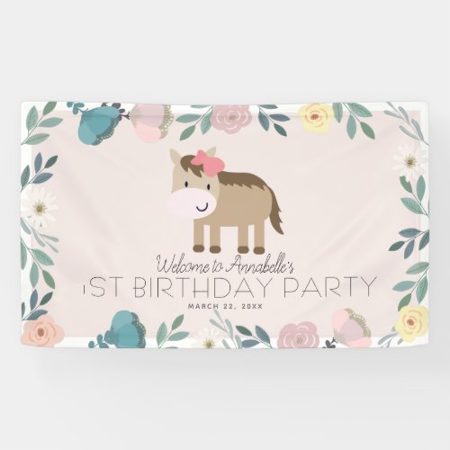 Pink Floral Garden Horse Girl Birthday Welcome Banner