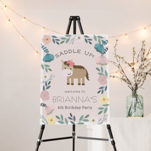 Pink Floral Garden Horse Girl Birthday Welcome Foam Board