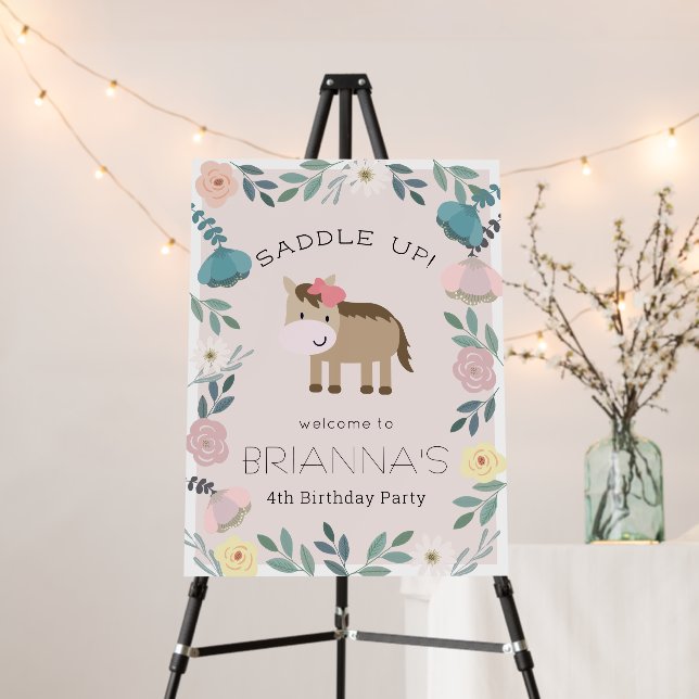 Pink Floral Garden Horse Girl Birthday Welcome Foam Board (In Situ (Stand))