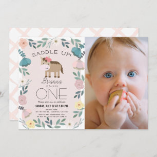 Pink Floral Garden Horse Girl Photo 1st Birthday Invitation