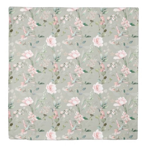 Pink Floral Garden Hummingbird Duvet Cover