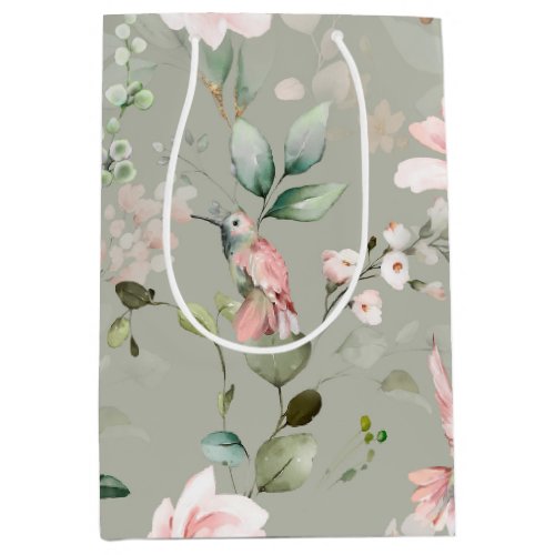 Pink Floral Garden Hummingbird Medium Gift Bag