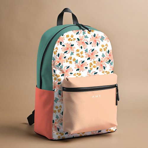 Pink Floral Garden Personalized Name Initial Printed Backpack