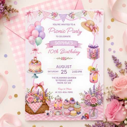 Pink Floral Garden Picnic Birthday Party Invitation