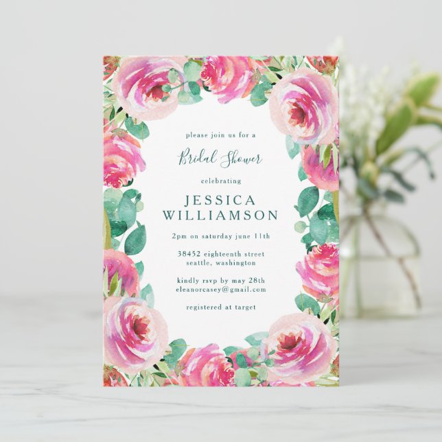 Pink Floral Garden Romantic Bridal Shower Party Invitation (Standing Front)