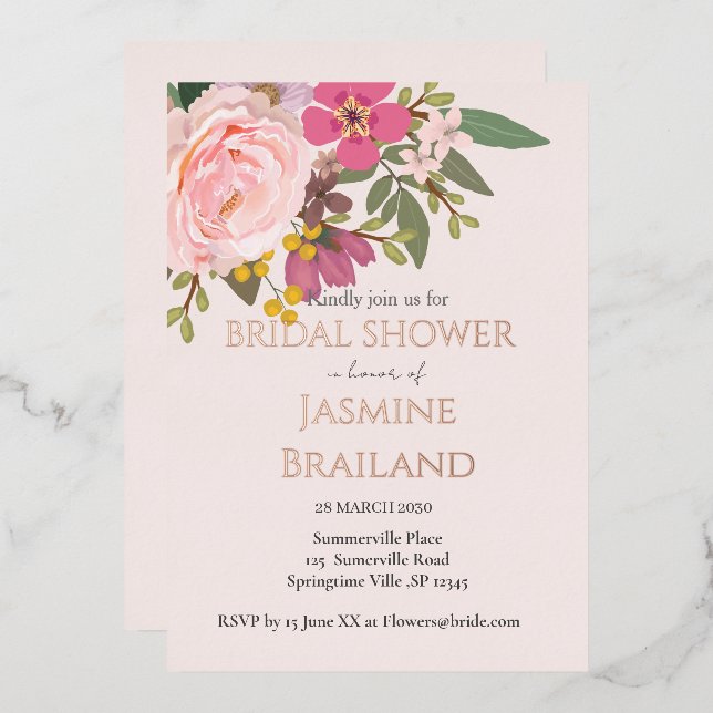 Pink Floral Garden Spring  Bridal Shower  Foil Invitation (Front/Back)