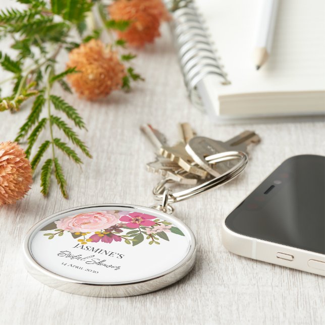 Pink Floral Garden Spring Bridal Shower  Keychain (Side)