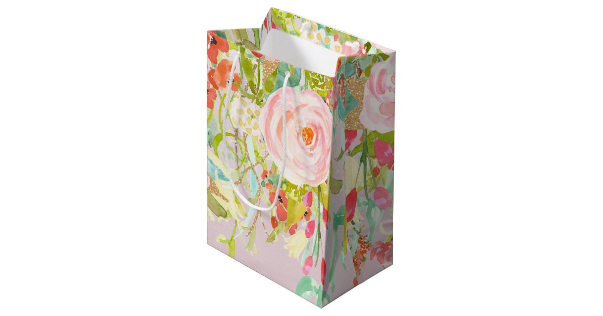 Pink Floral Garden Watercolor Medium Gift Bag | Zazzle