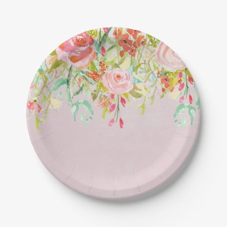 Pink Floral Garden Watercolor Paper Plates