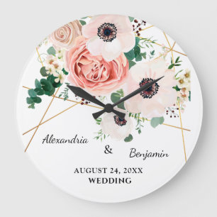 Pink Floral Garden Wedding Anniversary Personalize Large Clock