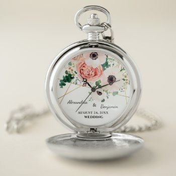 Pink Floral Garden Wedding Anniversary Personalize Pocket Watch by HomelandCollections at Zazzle