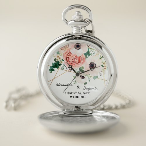 Pink Floral Garden Wedding Anniversary Personalize Pocket Watch