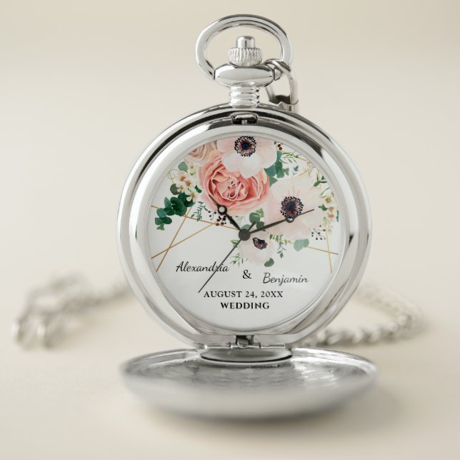 Pink Floral Garden Wedding Anniversary Personalize Pocket Watch (Inside)