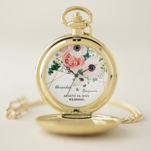 Pink Floral Garden Wedding Anniversary Personalize Pocket Watch