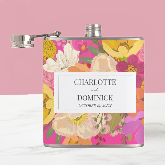 Pink Floral Garden Wedding Couples Names  Flask (Creator Uploaded)