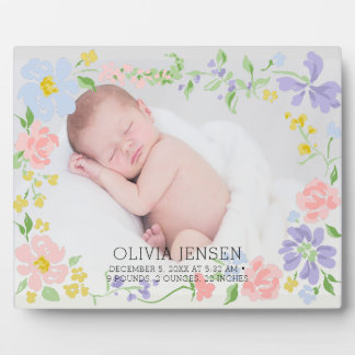 Pink Floral Garland Baby name Script birth stats  Plaque