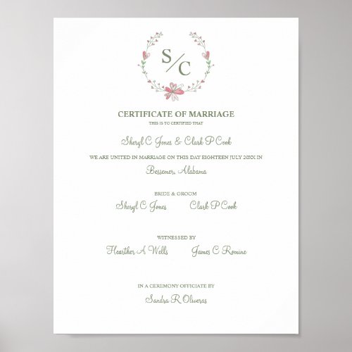 Pink Floral Garland Symbolyc Wedding Certificate Poster