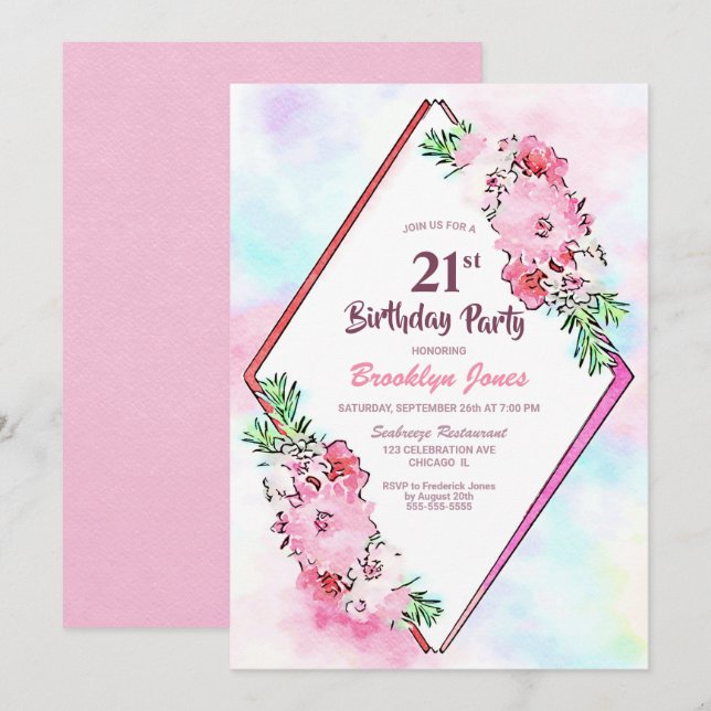  Pink Floral Geometric 21st Birthday Party Invitation (Front/Back)