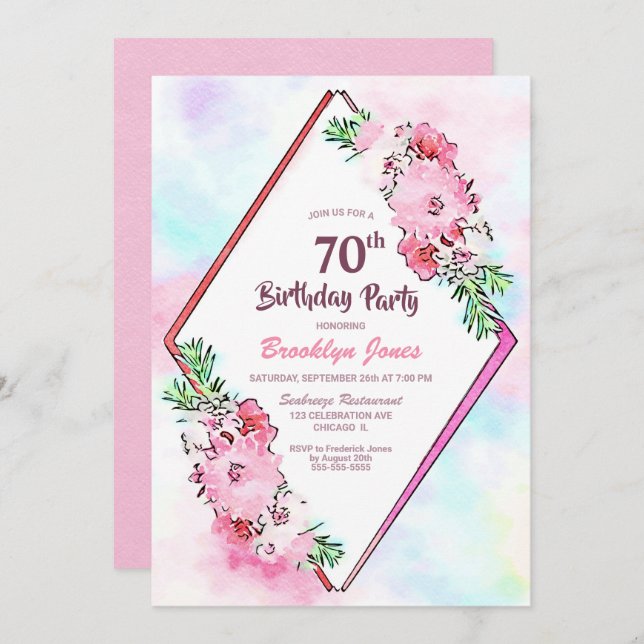 Pink Floral Geometric 70th Birthday Invitation (Front/Back)