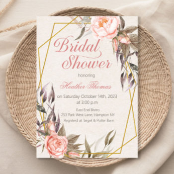 Pink Floral Geometric Bridal Shower Invitation by SugSpc_Invitations at Zazzle