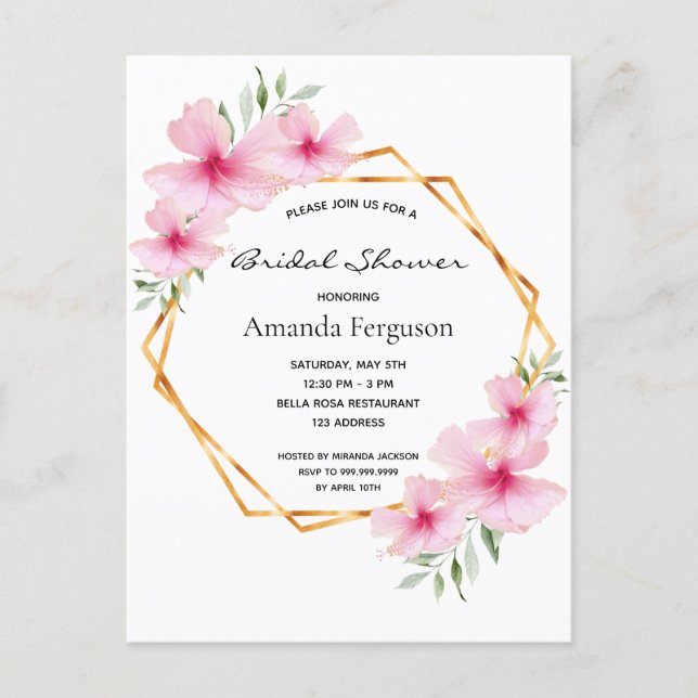 Pink floral geometric bridal shower invitation postcard (Front)