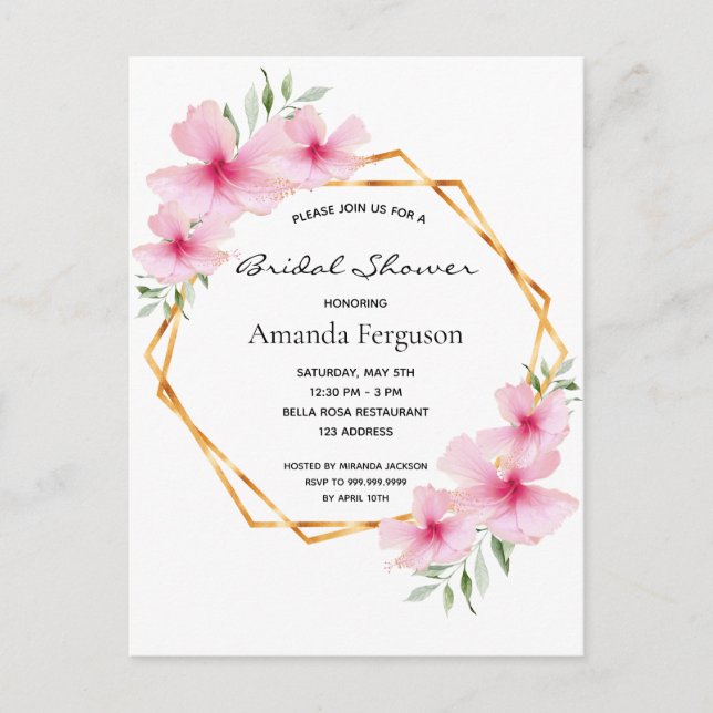 Pink floral geometric bridal shower invitation postcard (Front)