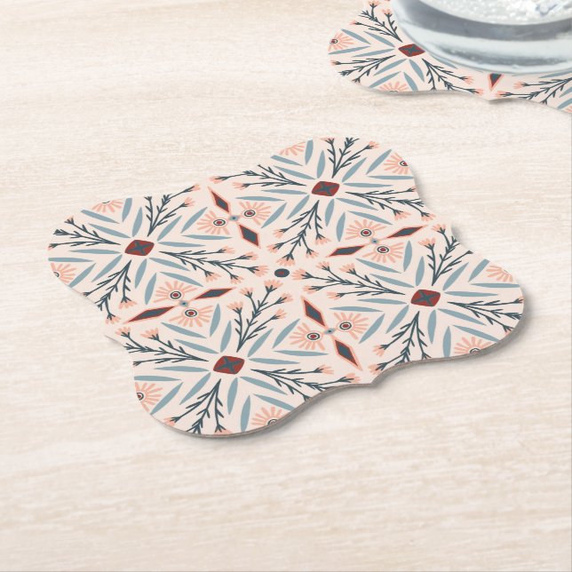 Pink Floral Geometric Design Boho Tiles Paper Coaster (Angled)