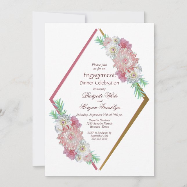 Pink Floral Geometric Engagement Dinner Invitation (Front)