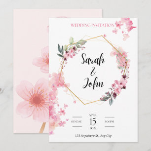 Pink Floral Geometric Gold Hexagon Art Invitation