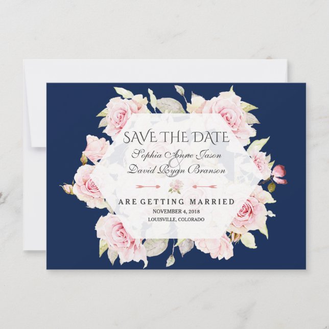 Pink Floral Geometric Navy Blue Save The Date (Front)